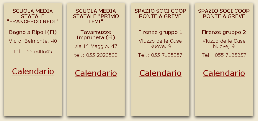 
SPAZIO SOCI COOP 
PONTE A GREVE 


Firenze gruppo 2 
Viuzzo delle Case Nuove, 9   
Tel.: 055 7135357 


Calendario


